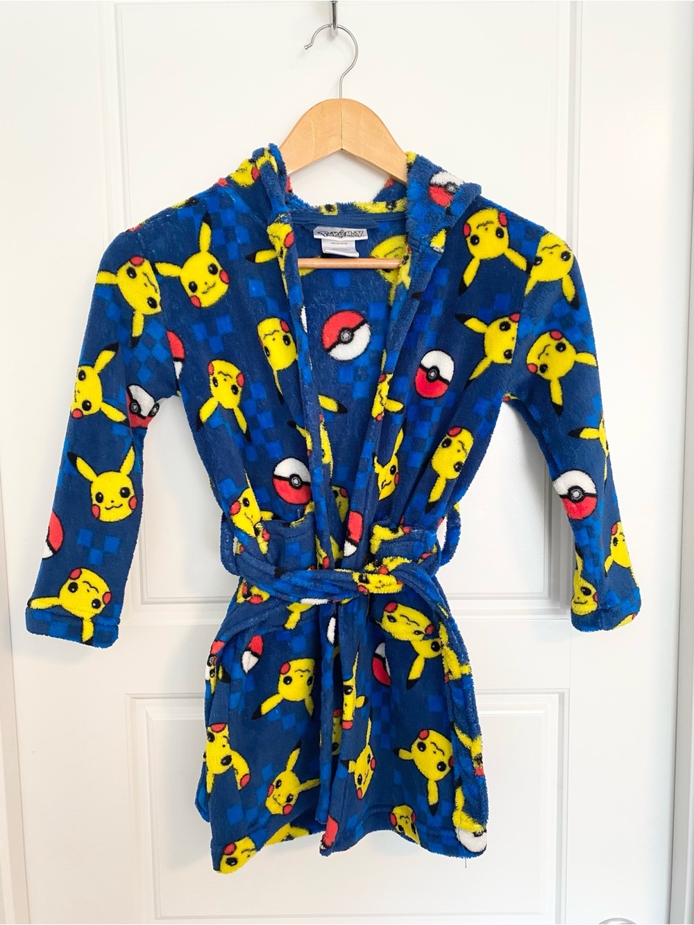 Pokemon Pikachu Kids Plush Fleece Bathrobe Blue Pokeball Hooded Size XS 4-5